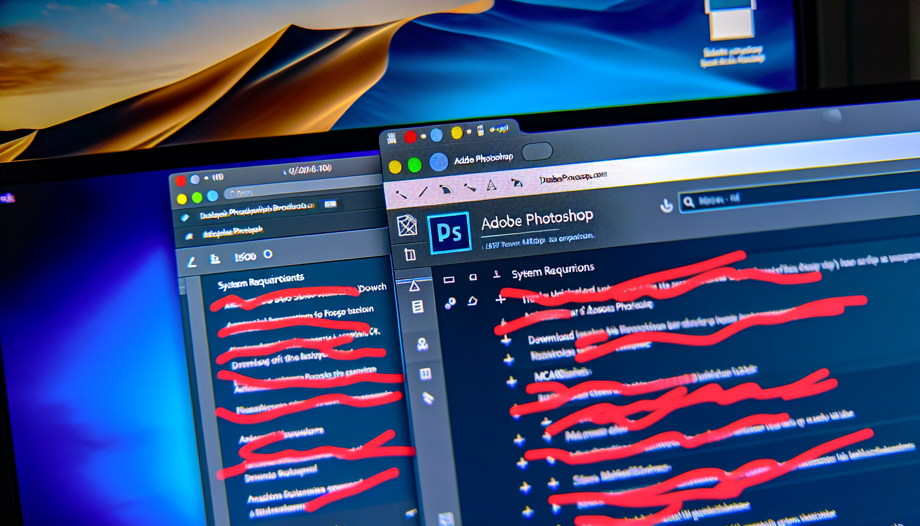 Экран компьютера, показывающий процесс загрузки Adobe Photoshop для Windows и macOS.